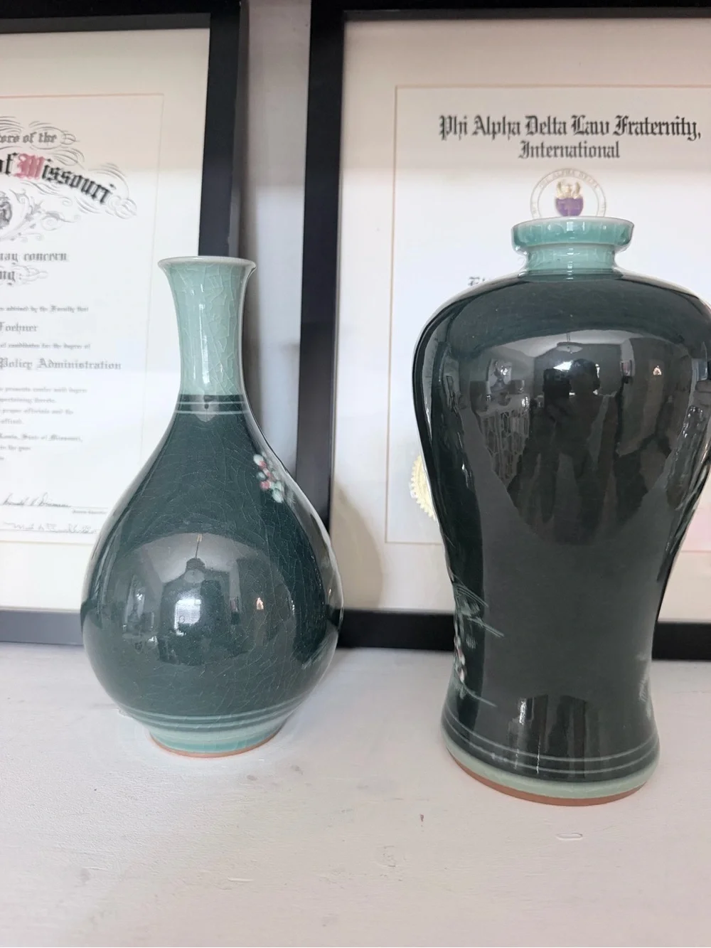 Vintage Korean Haegwang Celadon Sanggam Vase Pair w/ Certificate